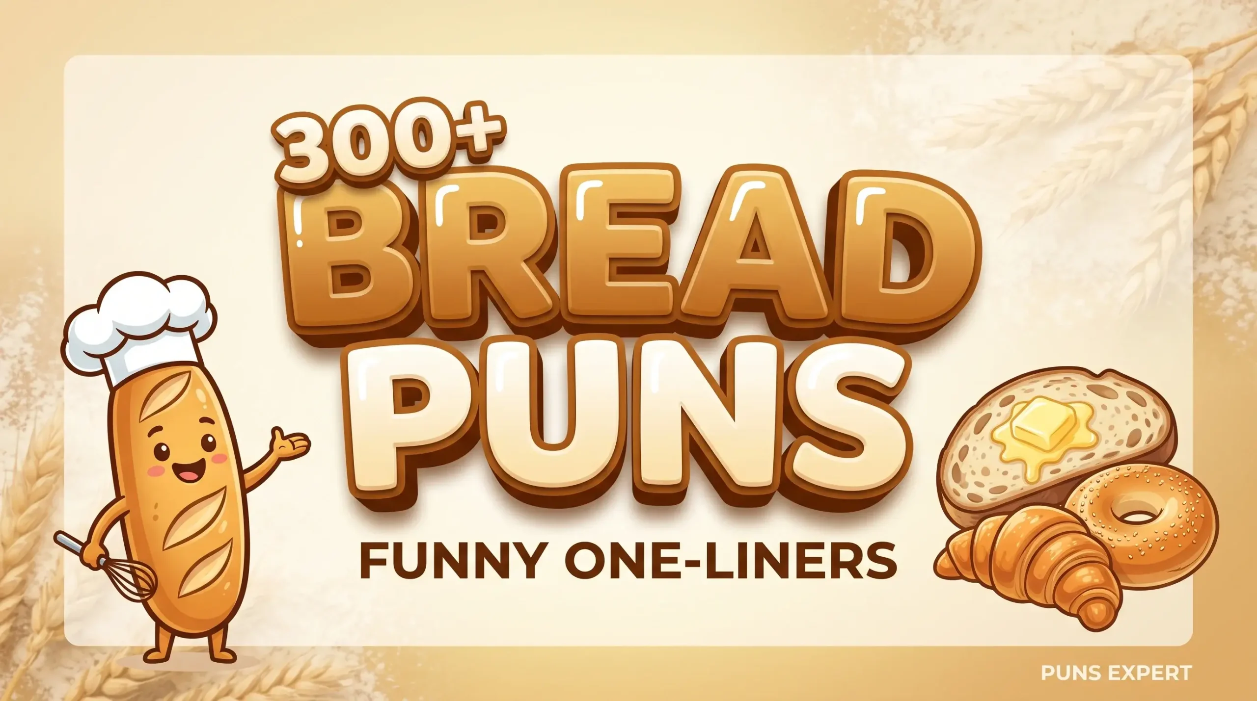 A cheerful featured image thumbnail for an article containing over 300 bread puns and bakery jokes for social media and fun.