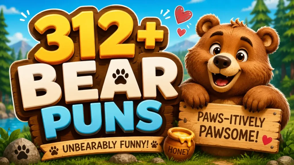 312+ bear puns featured image with a smiling cartoon bear, honey pot, forest background, and bold playful typography.