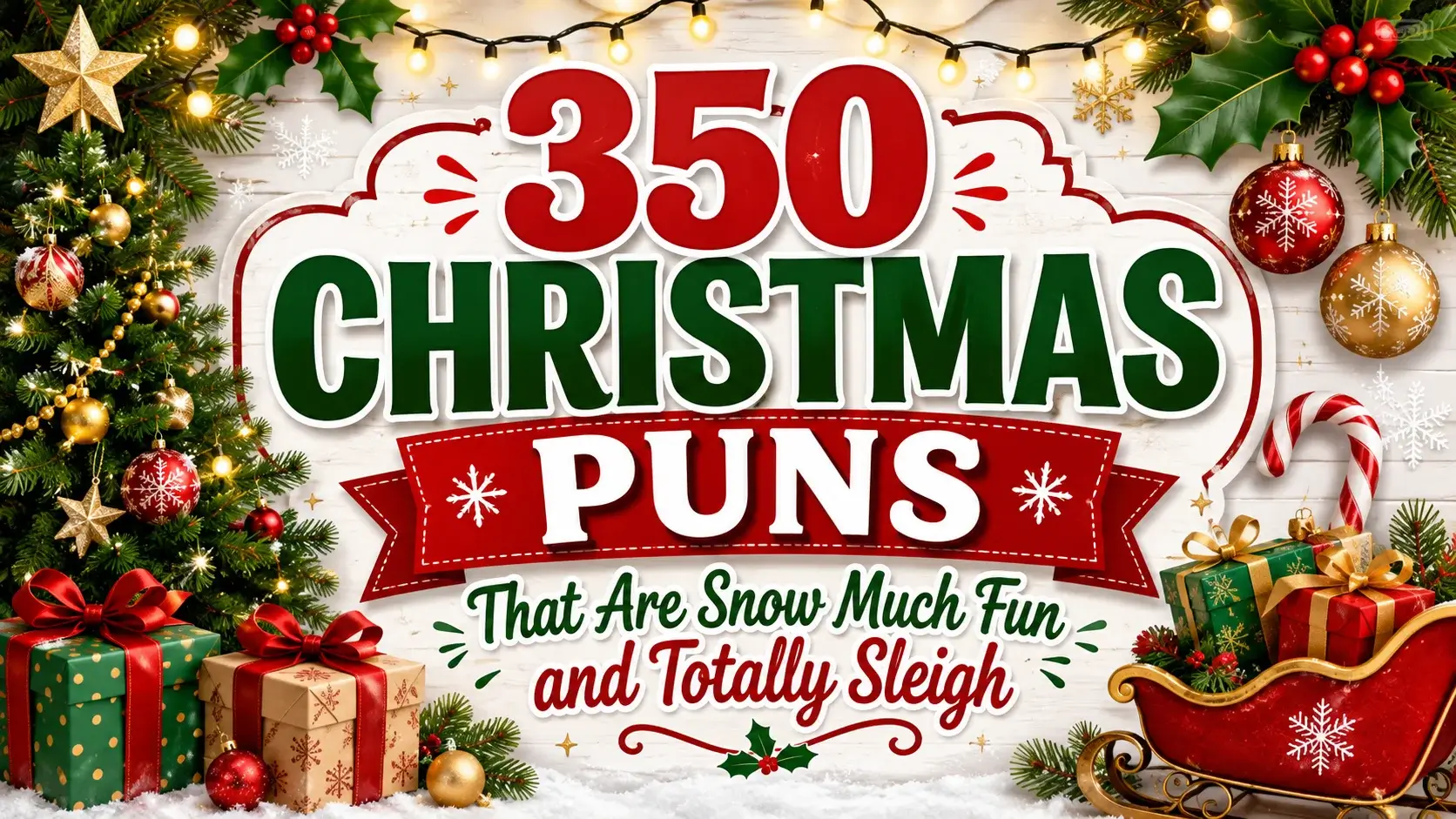 350 Christmas puns featured image with Christmas tree, gifts, ornaments, candy cane, snowflakes, and festive red and green typography.