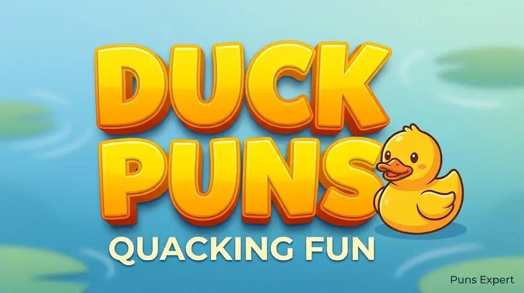 A 16:9 featured image thumbnail for 'Duck Puns' with bold 3D typography and a rubber duck mascot.