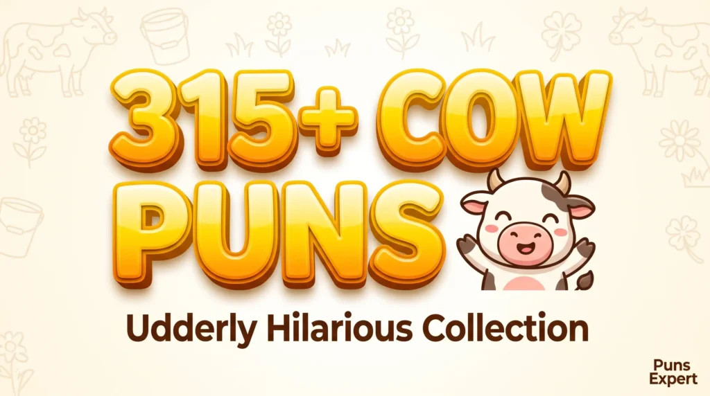 A vibrant, 3D typography featured image with a happy cartoon cow and the title: "315+ COW PUNS