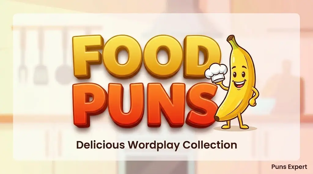 Bold 3D Food Puns title featuring a smiling chef banana mascot on a warm kitchen background.