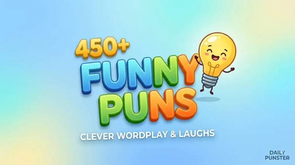 A colorful featured image thumbnail titled 450+ Funny Puns with a cheerful lightbulb mascot.