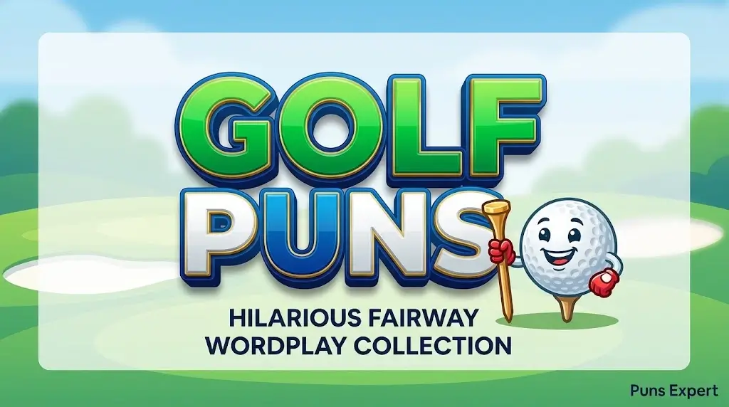 Bold 3D Golf Puns title featuring a smiling golf ball mascot on a tee over a green golf course background.