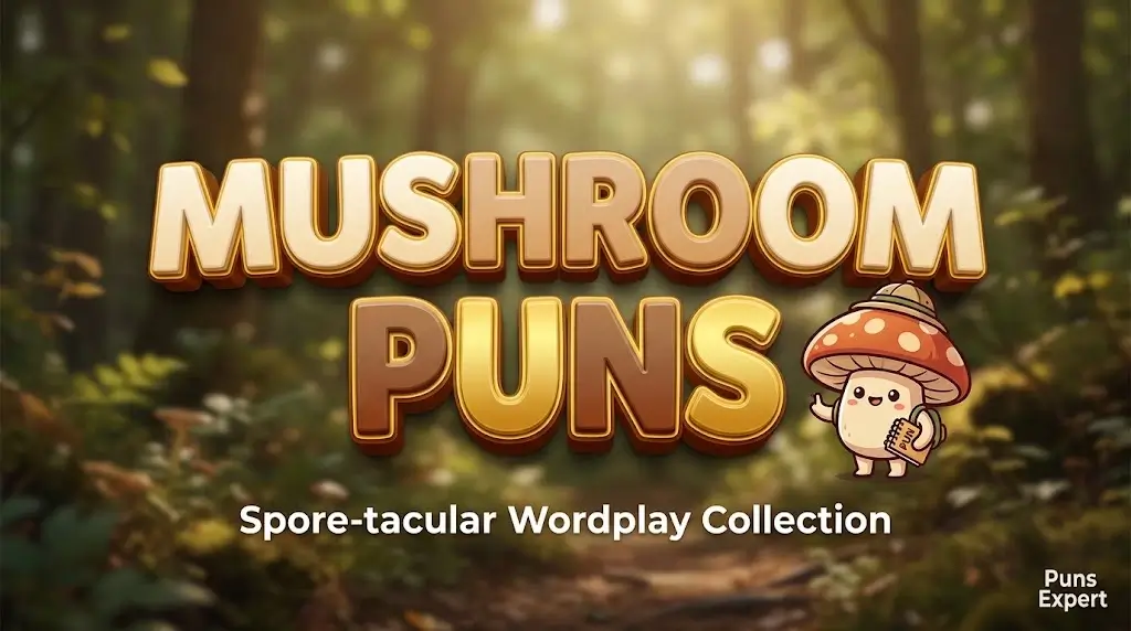 Bold 3D Mushroom Puns headline featuring a cute smiling mushroom mascot on a sunny forest background.
