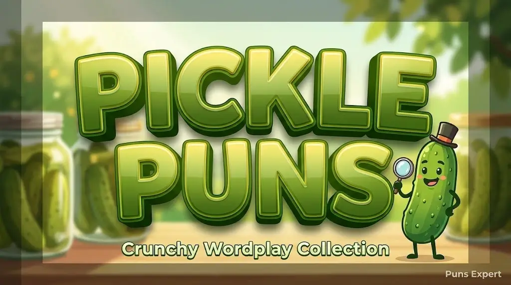 Bold 3D Pickle Puns title featuring a smiling pickle mascot holding a magnifying glass on a bright kitchen background.