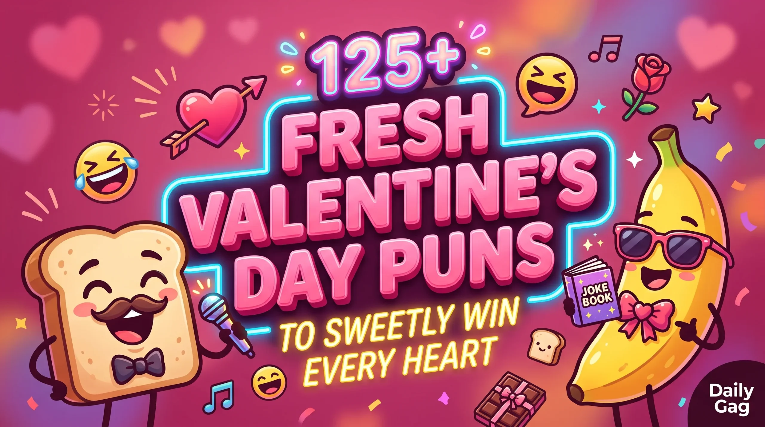 A bright and clean thumbnail featuring glossy 3D text for valentines day puns alongside a cute cartoon heart character.