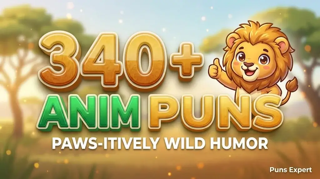 3D cover graphic displaying 340+ Animal Puns in bold amber and green typography with a cute cartoon lion mascot.
