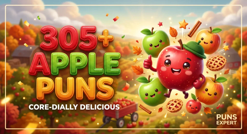3D cover graphic displaying 305+ Apple Puns in bold knit wool typography with a smiling cartoon apple mascot and miniature pies in an autumn orchard.