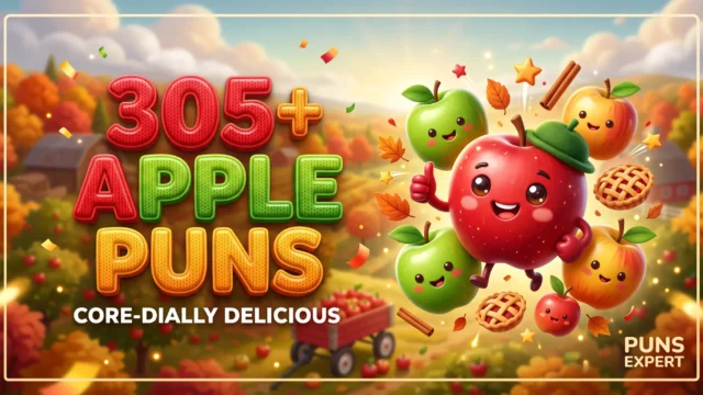 3D cover graphic displaying 305+ Apple Puns in bold knit wool typography with a smiling cartoon apple mascot and miniature pies in an autumn orchard.
