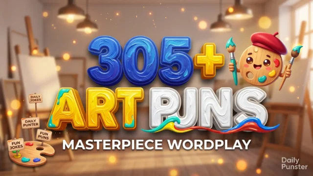305+ art puns in bold 3D typography beside a cheerful cartoon painter palette mascot in a sunlit art studio.