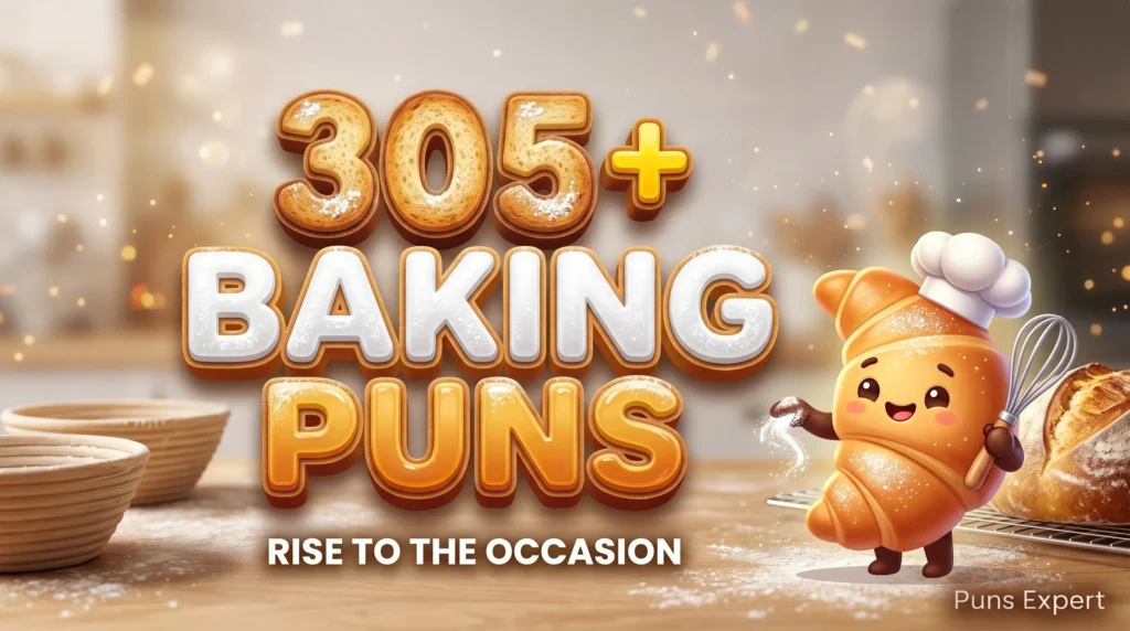 3D cover graphic displaying 305+ Baking Puns in toasted golden crust typography with a smiling cartoon croissant baker mascot.