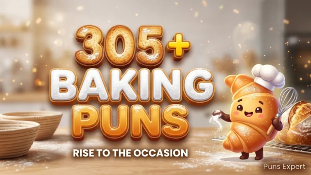 3D cover graphic displaying 305+ Baking Puns in toasted golden crust typography with a smiling cartoon croissant baker mascot.