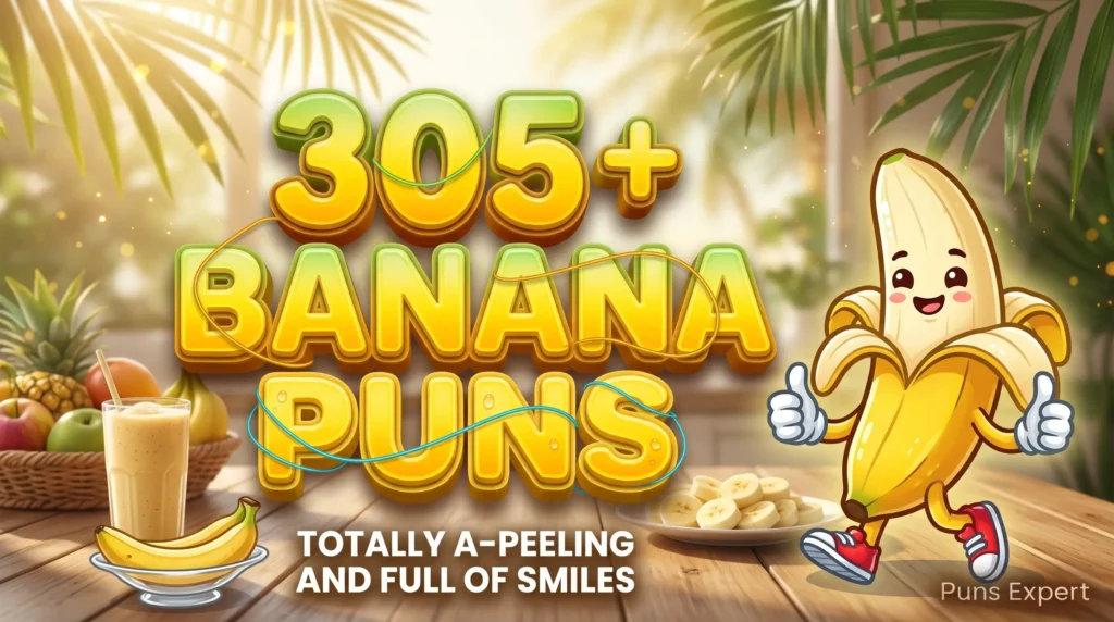 3D cover graphic displaying 305+ Banana Puns in bright yellow glossy typography with a smiling cartoon banana mascot in sneakers.