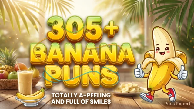 3D cover graphic displaying 305+ Banana Puns in bright yellow glossy typography with a smiling cartoon banana mascot in sneakers.