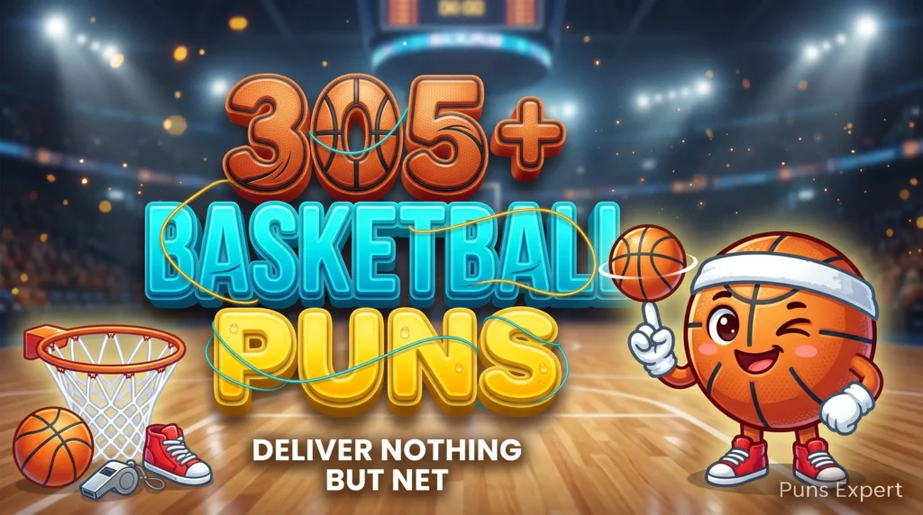 3D cover graphic displaying 305+ Basketball Puns in textured leather orange typography with a spinning basketball mascot beside a hoop.