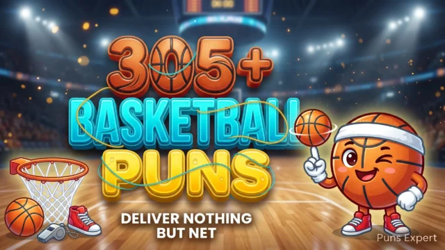 3D cover graphic displaying 305+ Basketball Puns in textured leather orange typography with a spinning basketball mascot beside a hoop.