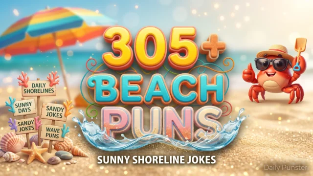305+ beach puns in bold 3D typography beside a cheerful cartoon crab mascot with sunglasses on a sunny shore.