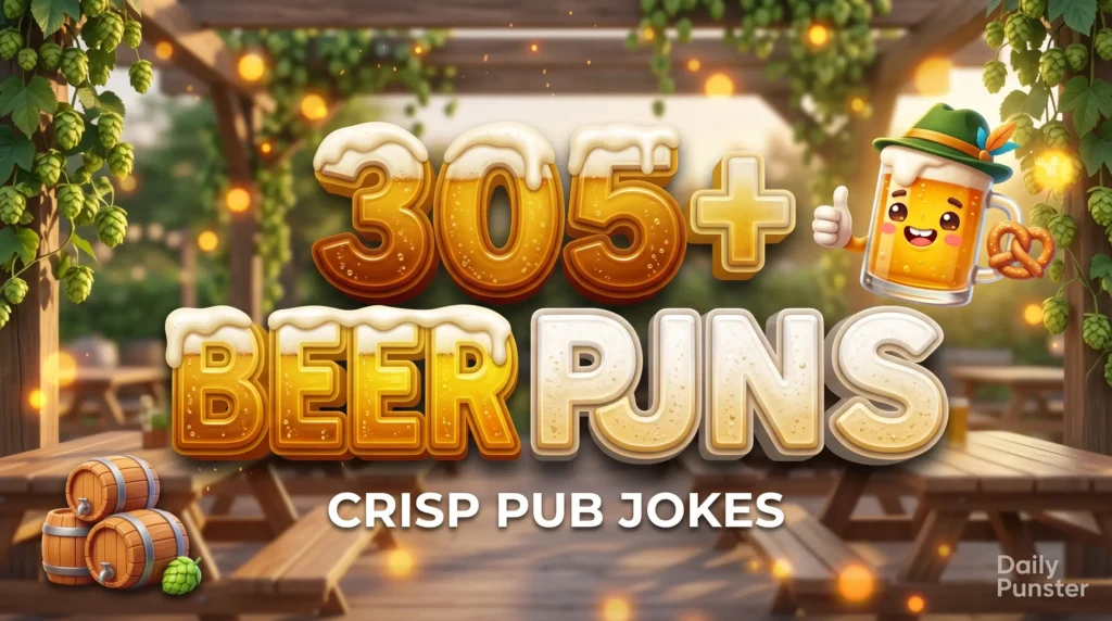 305+ beer puns in bold 3D typography beside a cheerful cartoon beer stein mascot in a sunny beer garden.