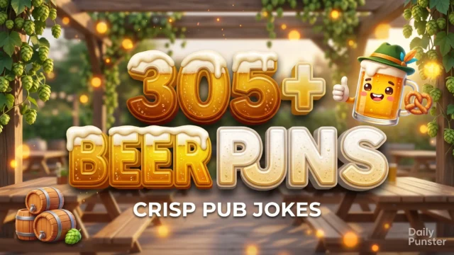 305+ beer puns in bold 3D typography beside a cheerful cartoon beer stein mascot in a sunny beer garden.