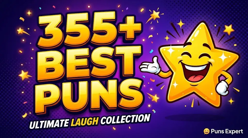"355+ BEST PUNS" in bold 3D letters alongside a laughing yellow star mascot on a festive purple and blue background.