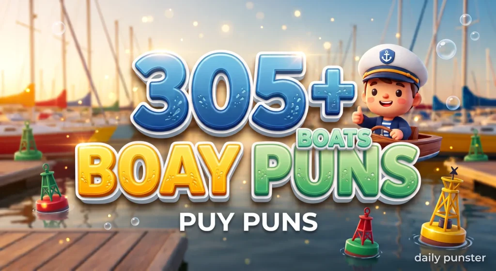 305+ boat puns in bold 3D typography beside a smiling cartoon sailor mascot in a wooden dinghy.