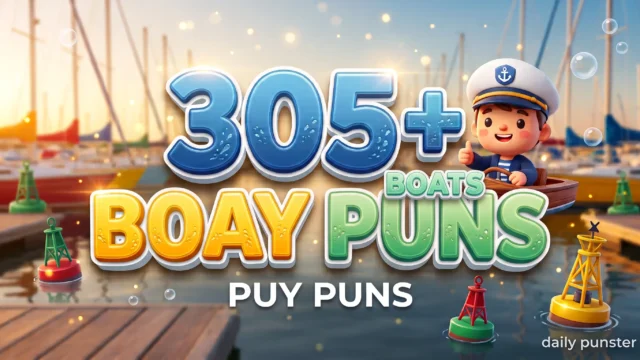 305+ boat puns in bold 3D typography beside a smiling cartoon sailor mascot in a wooden dinghy.