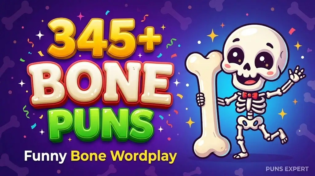 345+ Bone Puns thumbnail featuring a cheerful cartoon skeleton mascot with a large bone next to massive 3D text.