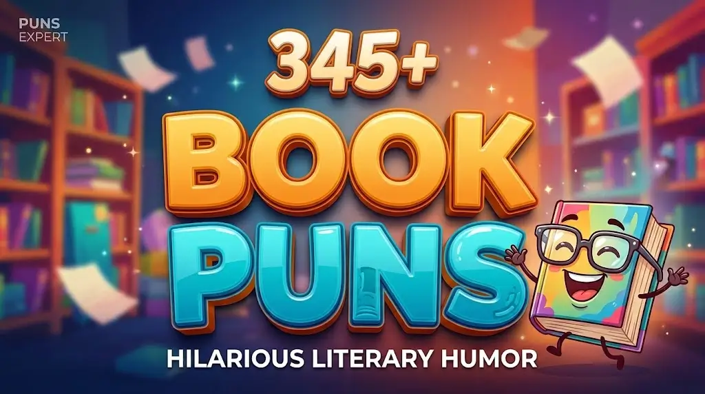 A lively featured image for "345+ Book Puns" with a cheerful, cartoon book mascot wearing glasses next to massive 3D letters.