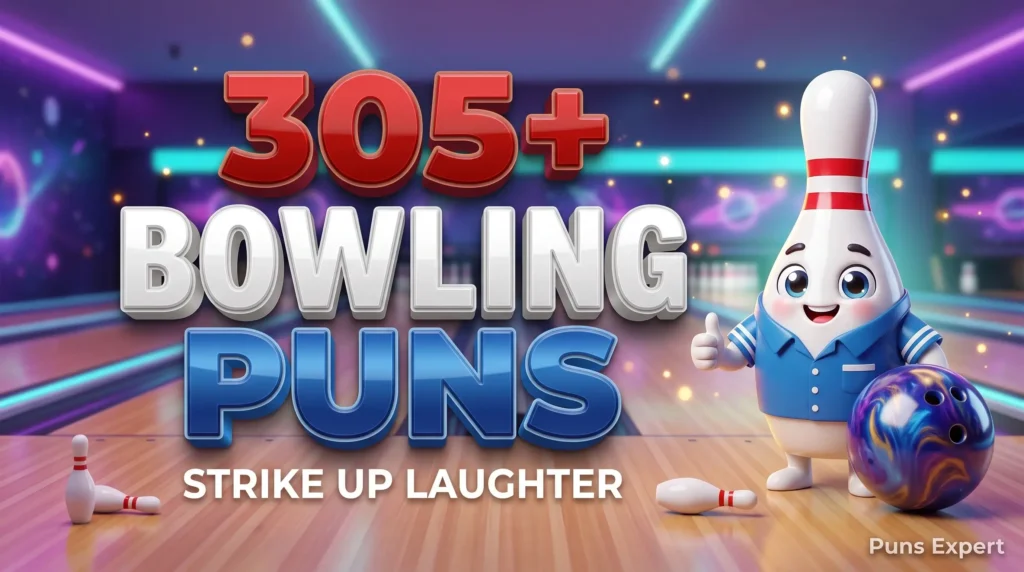 3D cover graphic displaying 305+ Bowling Puns in bold red and blue typography with a cute cartoon bowling pin mascot.