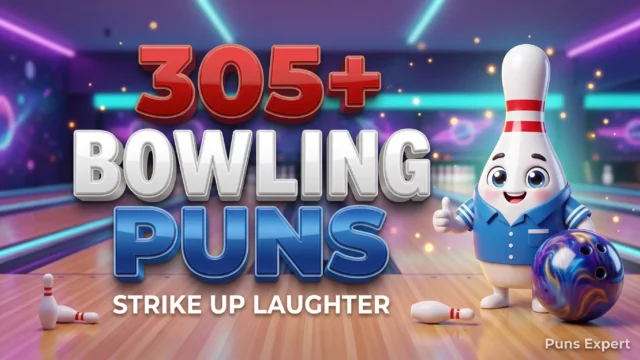 3D cover graphic displaying 305+ Bowling Puns in bold red and blue typography with a cute cartoon bowling pin mascot.