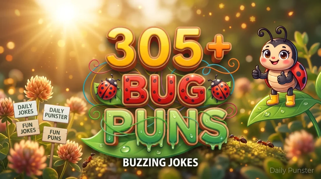 305+ bug puns written in bold 3D typography beside a cheerful cartoon ladybug mascot in a sunlit garden.