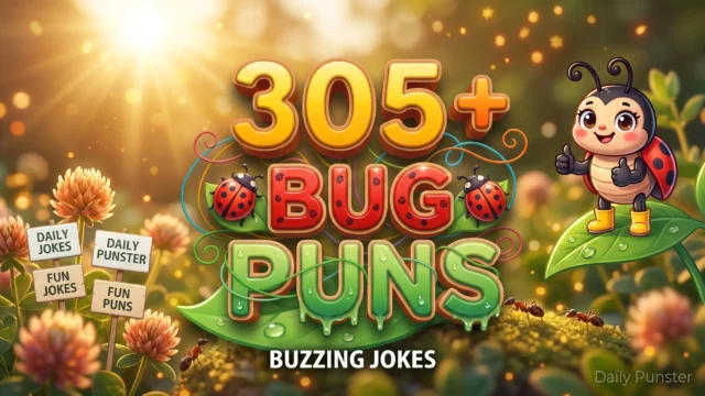 305+ bug puns written in bold 3D typography beside a cheerful cartoon ladybug mascot in a sunlit garden.