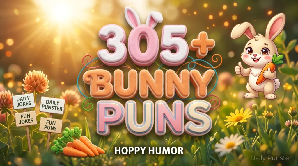 305+ bunny puns in bold 3D typography beside a cheerful cartoon bunny mascot holding a carrot.