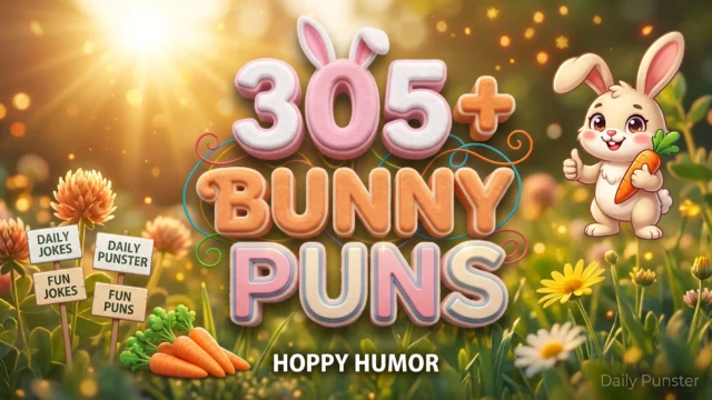 305+ bunny puns in bold 3D typography beside a cheerful cartoon bunny mascot holding a carrot.