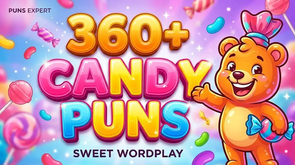 A colorful featured image for "360+ Candy Puns" with a smiling gummy bear mascot next to bold 3D letters.