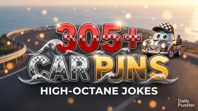 305+ car puns in bold 3D typography beside a cheerful cartoon sports car mascot on a sunny coastal road.