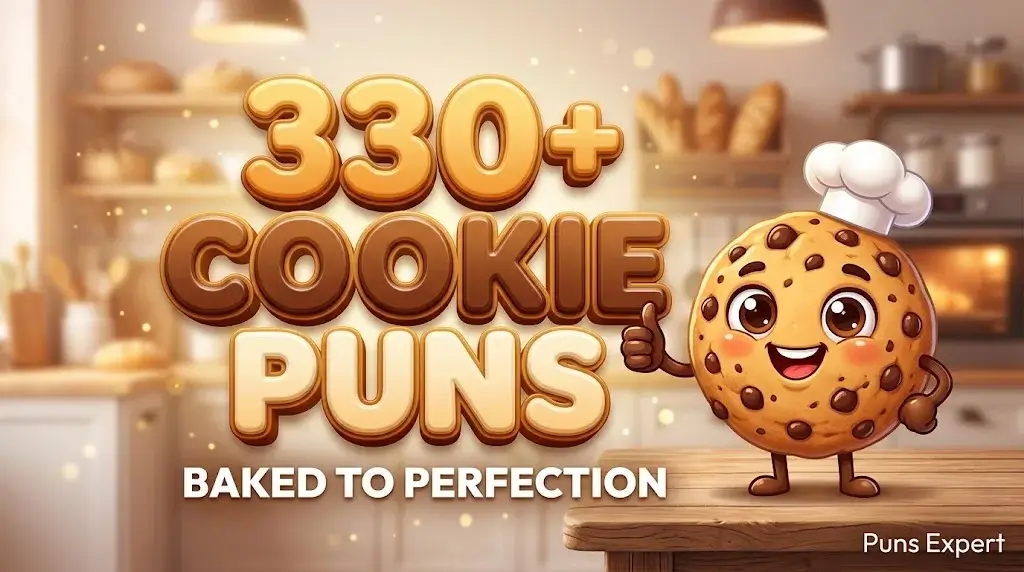3D cover graphic displaying 330+ Cookie Puns in bold golden typography with a cheerful chocolate chip cookie mascot.