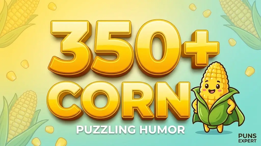 A large golden '350+ CORN' in 3D typography and a friendly cartoon corn character. Focus keyword: corn puns.