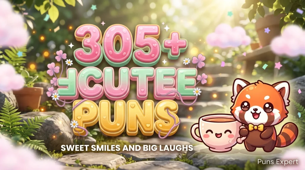 3D cover graphic displaying 305+ Cute Puns in pastel bubblegum pink and mint green typography with an adorable kawaii teacup mascot.
