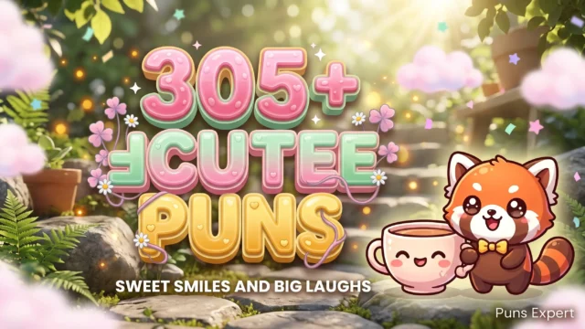 3D cover graphic displaying 305+ Cute Puns in pastel bubblegum pink and mint green typography with an adorable kawaii teacup mascot.