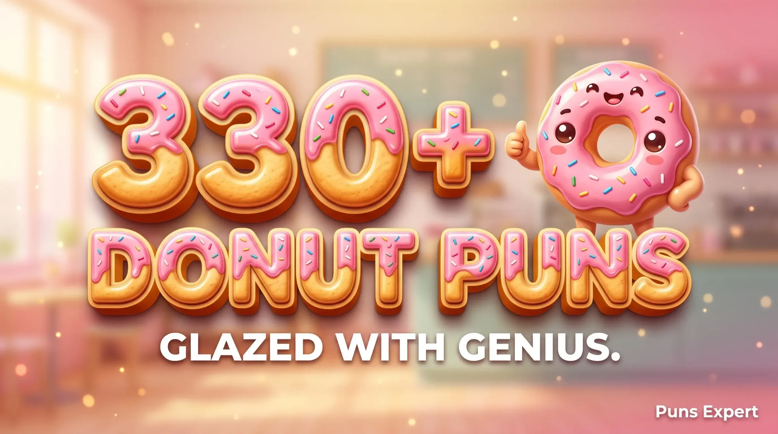 3D cover graphic displaying 330+ Donut Puns in bold glazed typography with a cheerful pink donut mascot.