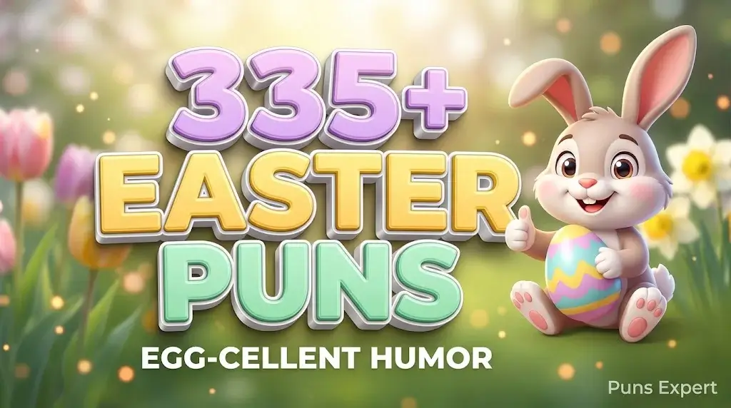 3D cover graphic displaying 335+ Easter Puns in bold pastel typography with a cheerful cartoon bunny mascot.