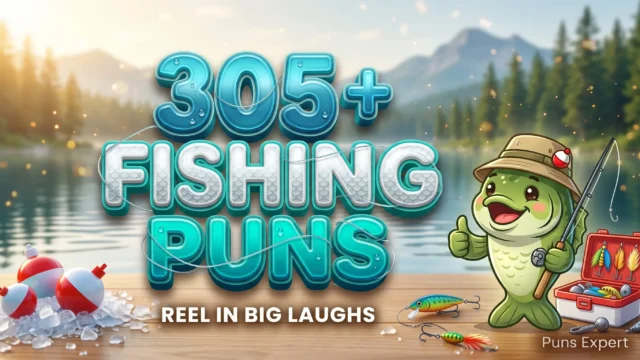 3D cover graphic displaying 305+ Fishing Puns in glossy lake-blue typography with a smiling cartoon bass mascot wearing a bucket hat.
