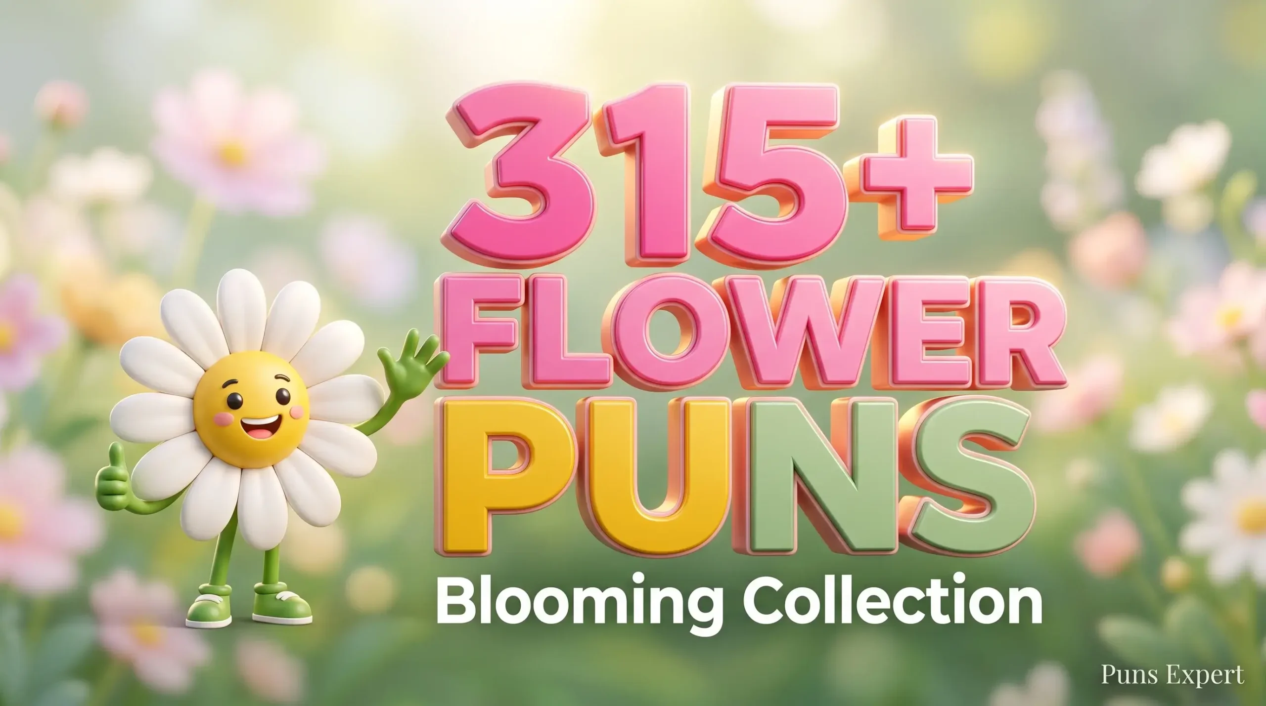 Bright 16:9 featured thumbnail with 3D text reading 315+ Flower Puns alongside a cheerful cartoon daisy mascot.