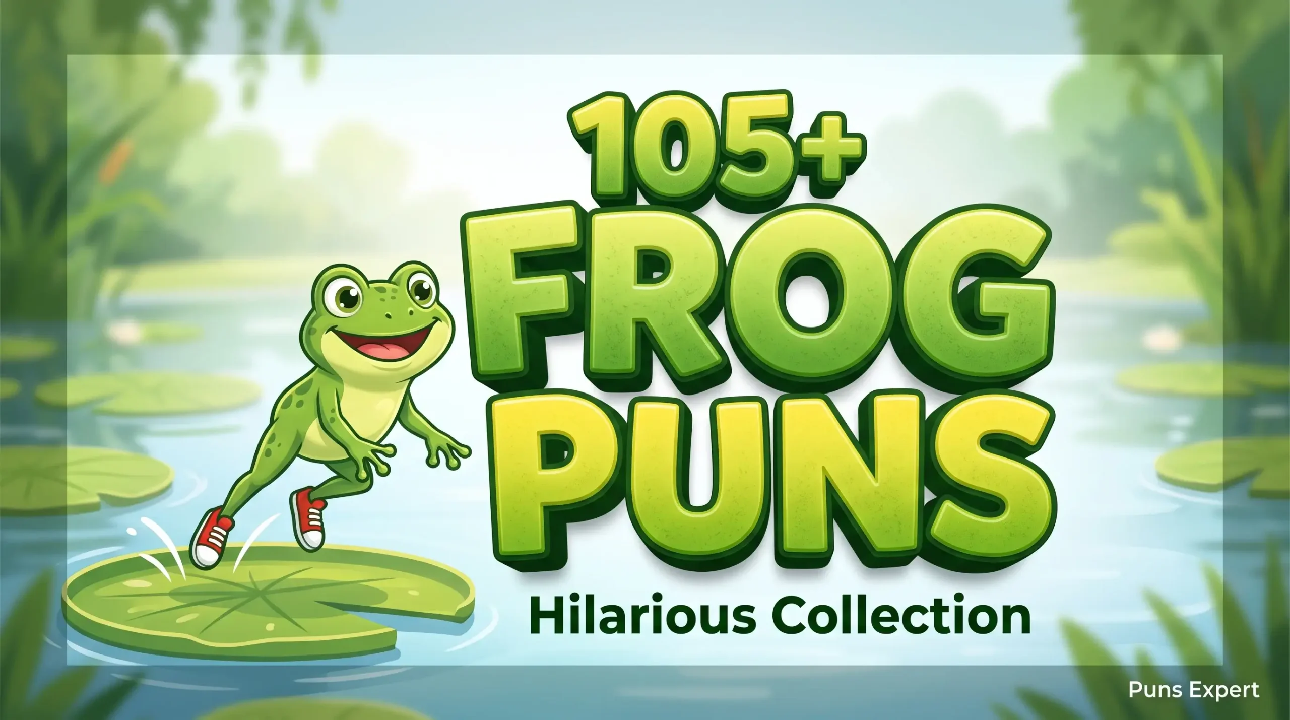 A bright 16:9 thumbnail featuring a friendly cartoon frog leaping from a lily pad next to large 3D text reading 105+ FROG PUNS.