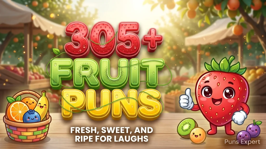 3D cover graphic displaying 305+ Fruit Puns in vibrant berry red and citrus green typography with a smiling cartoon strawberry mascot.