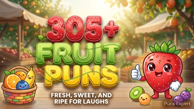 3D cover graphic displaying 305+ Fruit Puns in vibrant berry red and citrus green typography with a smiling cartoon strawberry mascot.