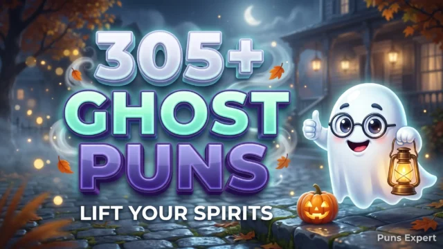 3D cover graphic displaying 305+ Ghost Puns in bold white and mint cyan typography with a cute cartoon floating ghost mascot.