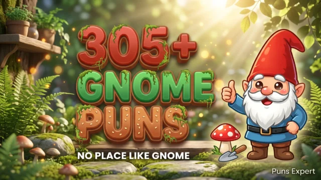 3D cover graphic displaying 305+ Gnome Puns in bold mushroom red and clover green typography with a cute cartoon garden gnome mascot.
